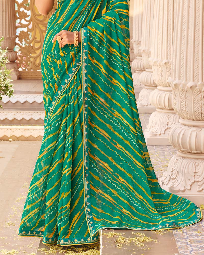 Vishal Prints Teal Green Fancy Chiffon Traditional Print Saree With Fancy Border