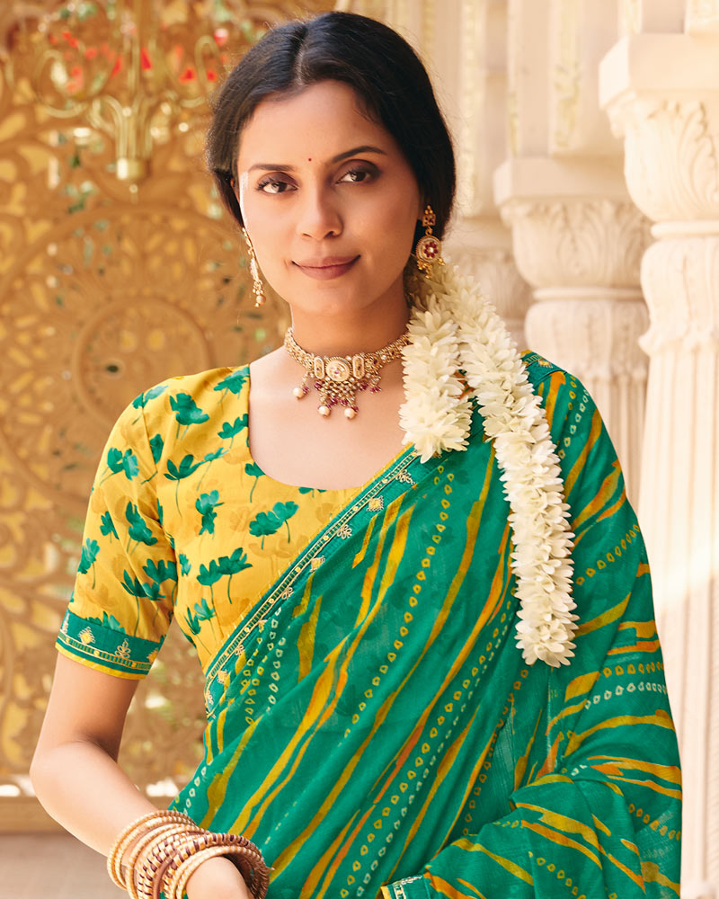Vishal Prints Teal Green Fancy Chiffon Traditional Print Saree With Fancy Border