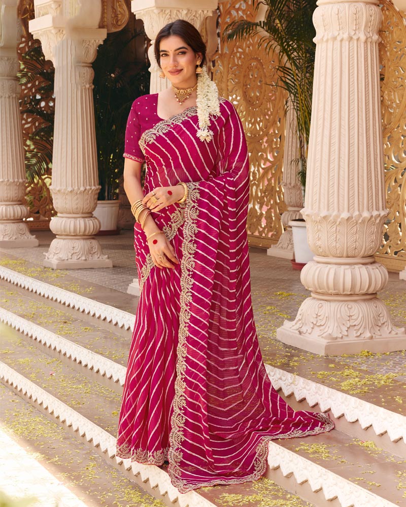 Vishal Prints Raspberry Pink Fancy Chiffon Traditional Print Saree With Foil Print And Cut Work Fancy Border