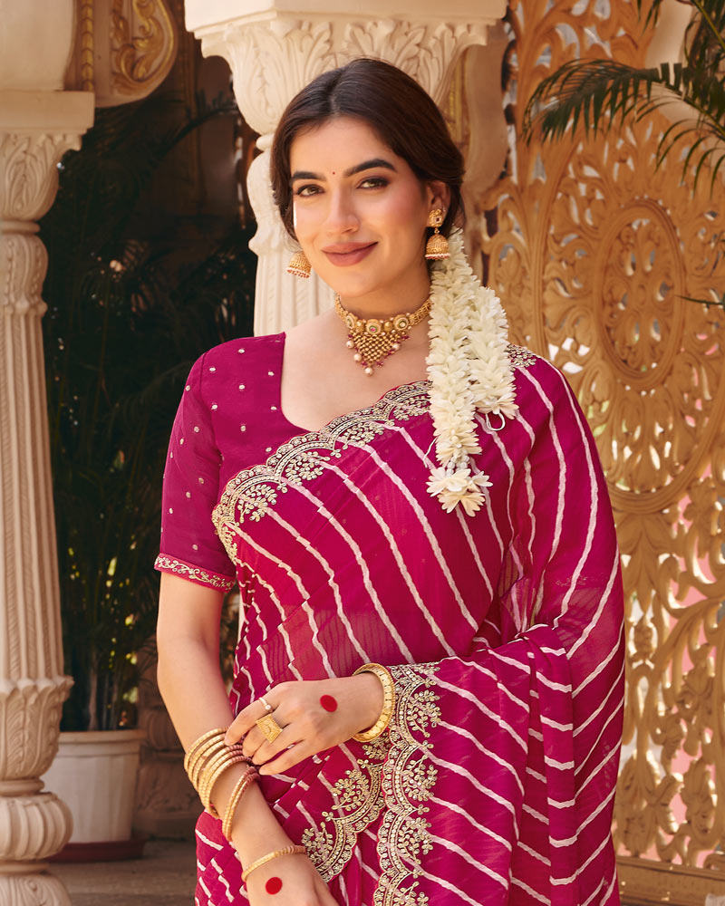 Vishal Prints Raspberry Pink Fancy Chiffon Traditional Print Saree With Foil Print And Cut Work Fancy Border
