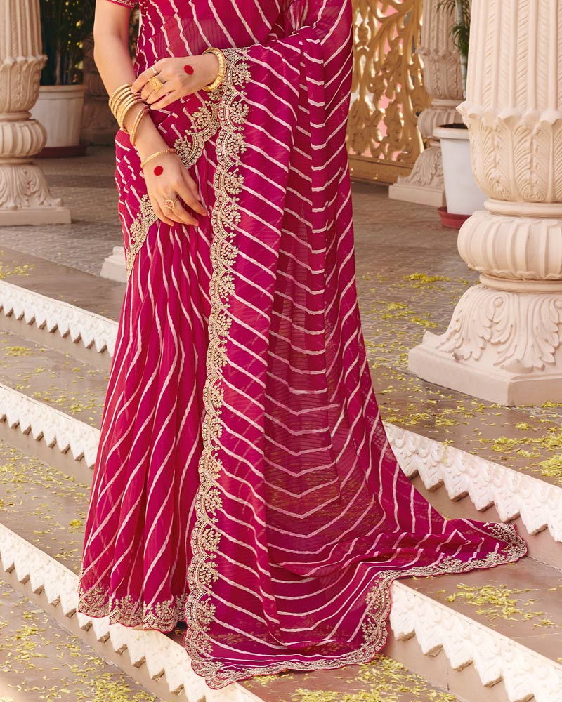 Vishal Prints Raspberry Pink Fancy Chiffon Traditional Print Saree With Foil Print And Cut Work Fancy Border