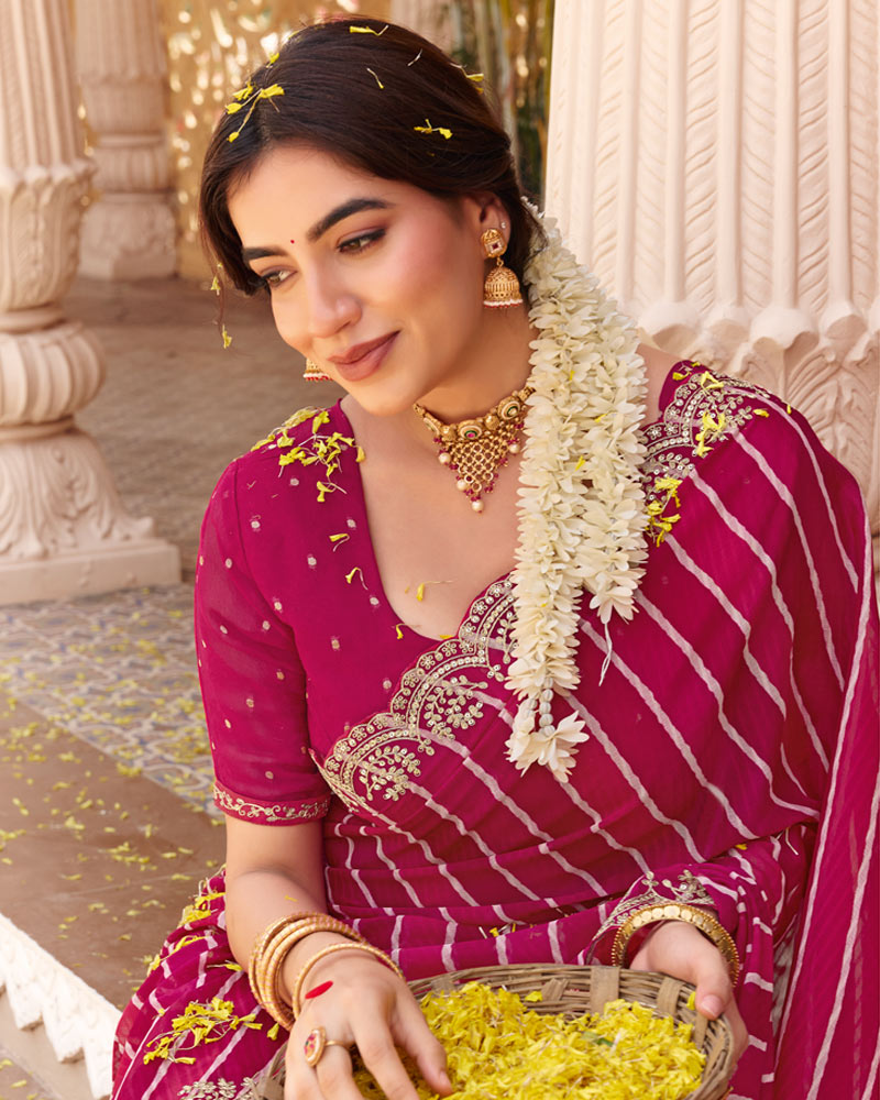 Vishal Prints Raspberry Pink Fancy Chiffon Traditional Print Saree With Foil Print And Cut Work Fancy Border