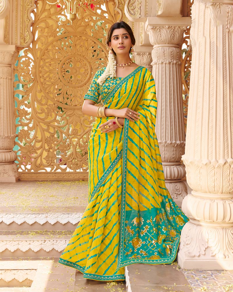 Vishal Prints Deep Yellow Fancy Chiffon Traditional Print Saree With Foil Print And Fancy Border