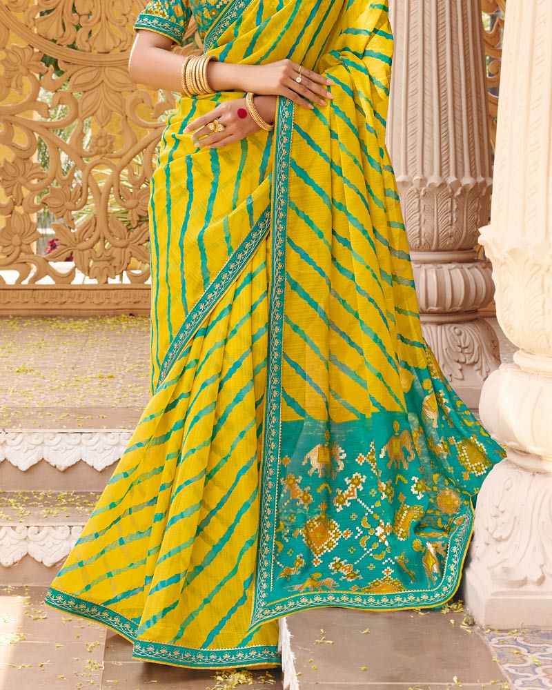 Vishal Prints Deep Yellow Fancy Chiffon Traditional Print Saree With Foil Print And Fancy Border