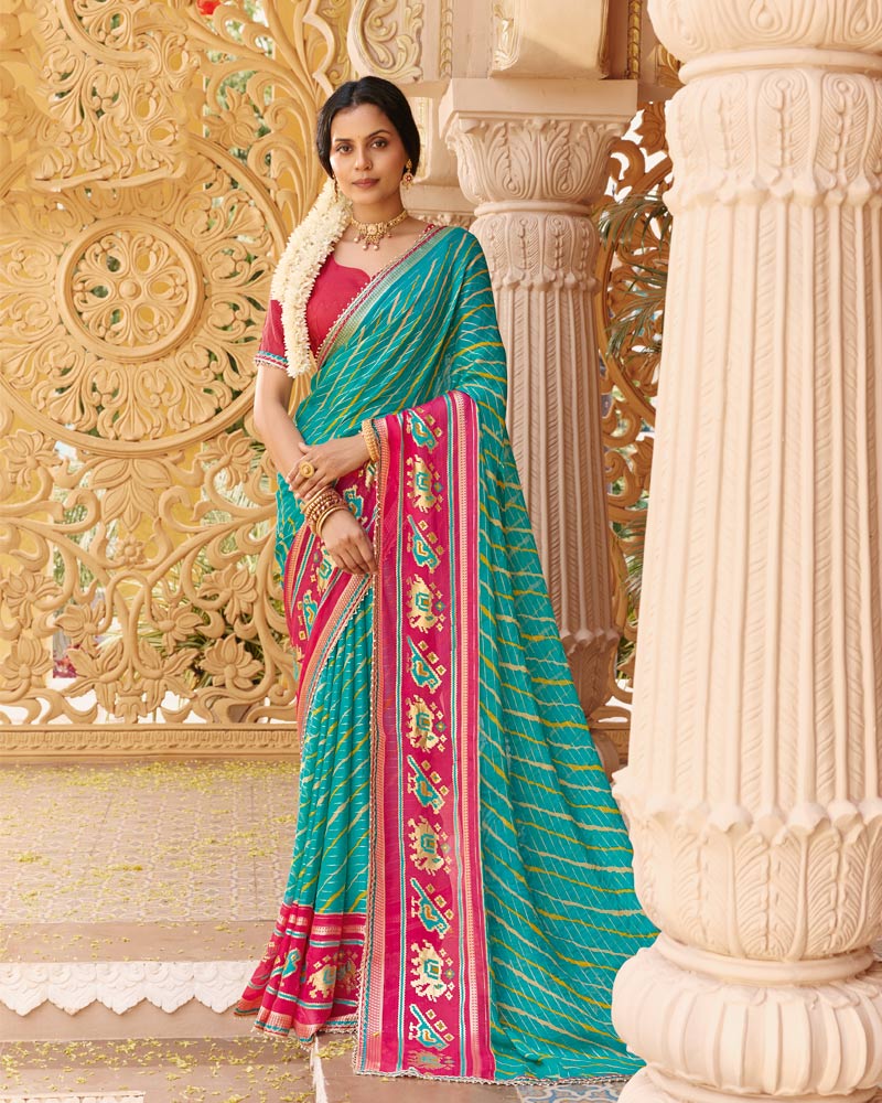 Vishal Prints Sky Blue Fancy Chiffon Traditional Print Saree With Foil Print And Fancy Border