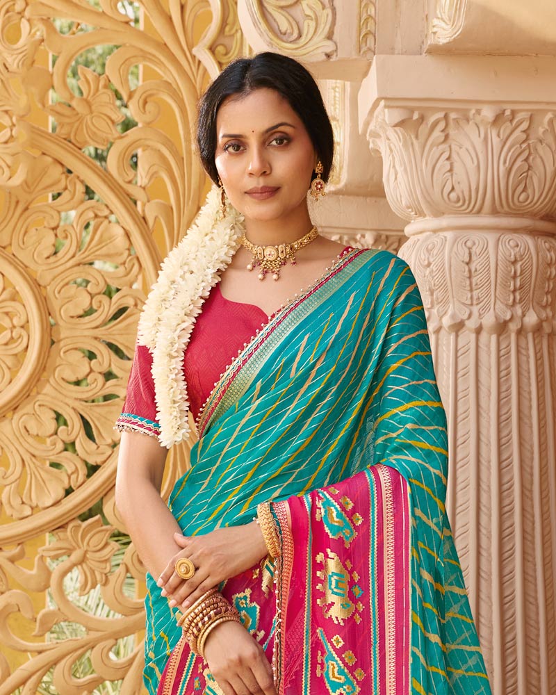 Vishal Prints Sky Blue Fancy Chiffon Traditional Print Saree With Foil Print And Fancy Border