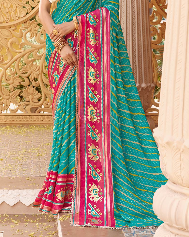 Vishal Prints Sky Blue Fancy Chiffon Traditional Print Saree With Foil Print And Fancy Border