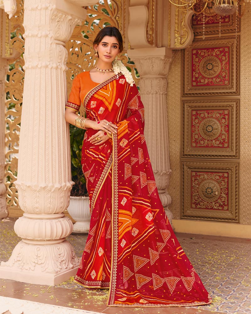 Vishal Prints Red Orange Fancy Chiffon Traditional Print Saree With Fancy Border