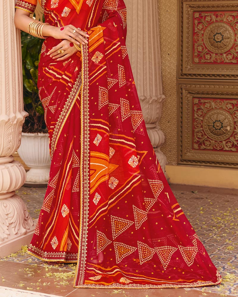 Vishal Prints Red Orange Fancy Chiffon Traditional Print Saree With Fancy Border
