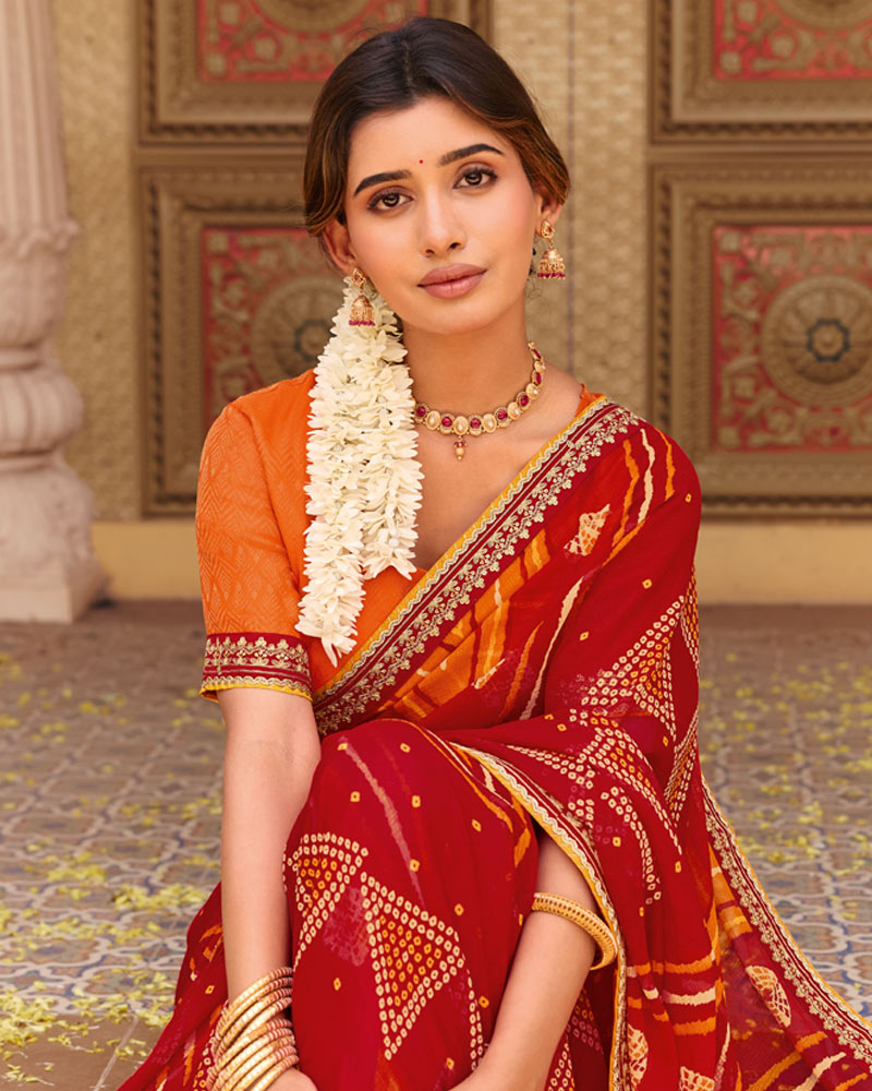 Vishal Prints Red Orange Fancy Chiffon Traditional Print Saree With Fancy Border