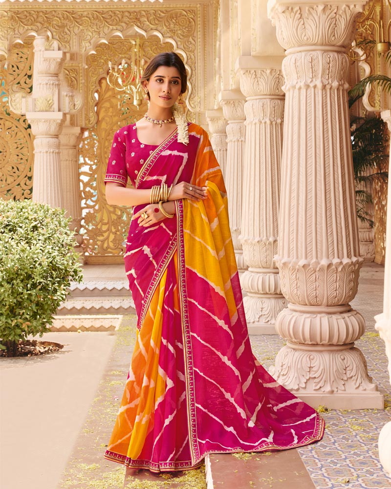 Vishal Prints Rani Yellow Fancy Chiffon Traditional Print Saree With Fancy Border