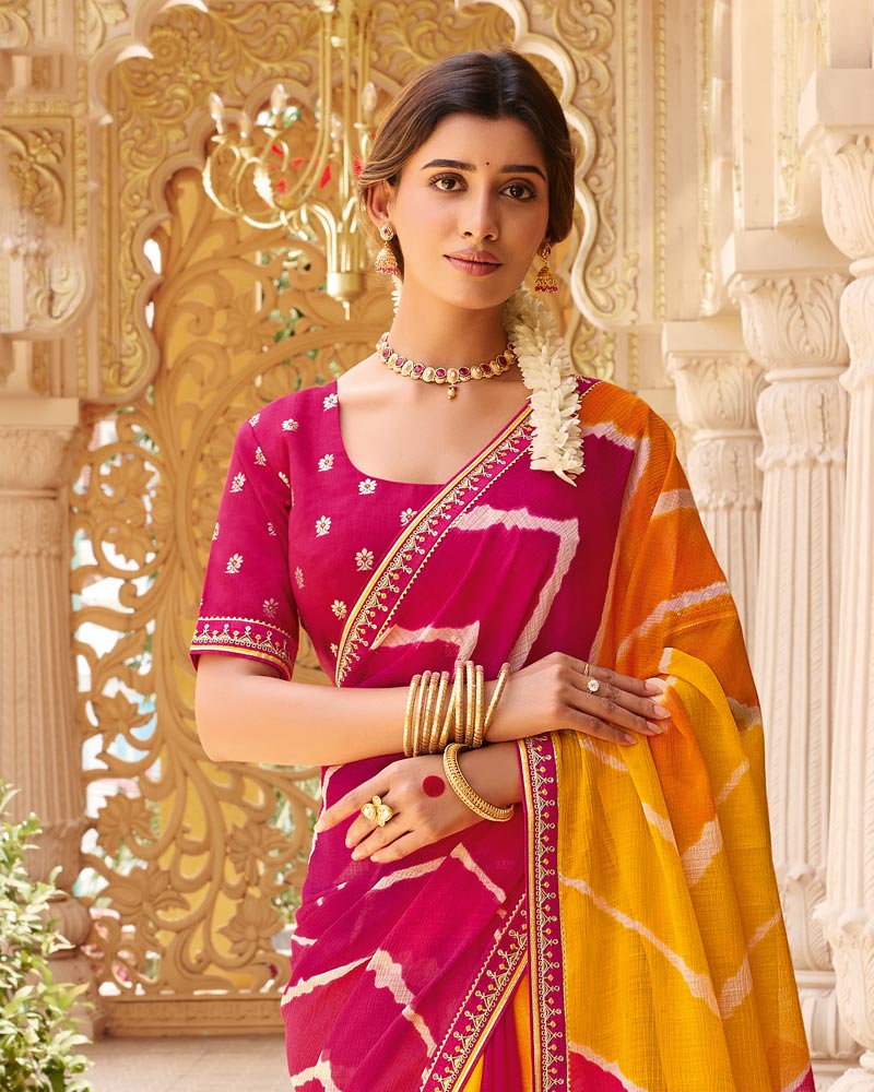 Vishal Prints Rani Yellow Fancy Chiffon Traditional Print Saree With Fancy Border