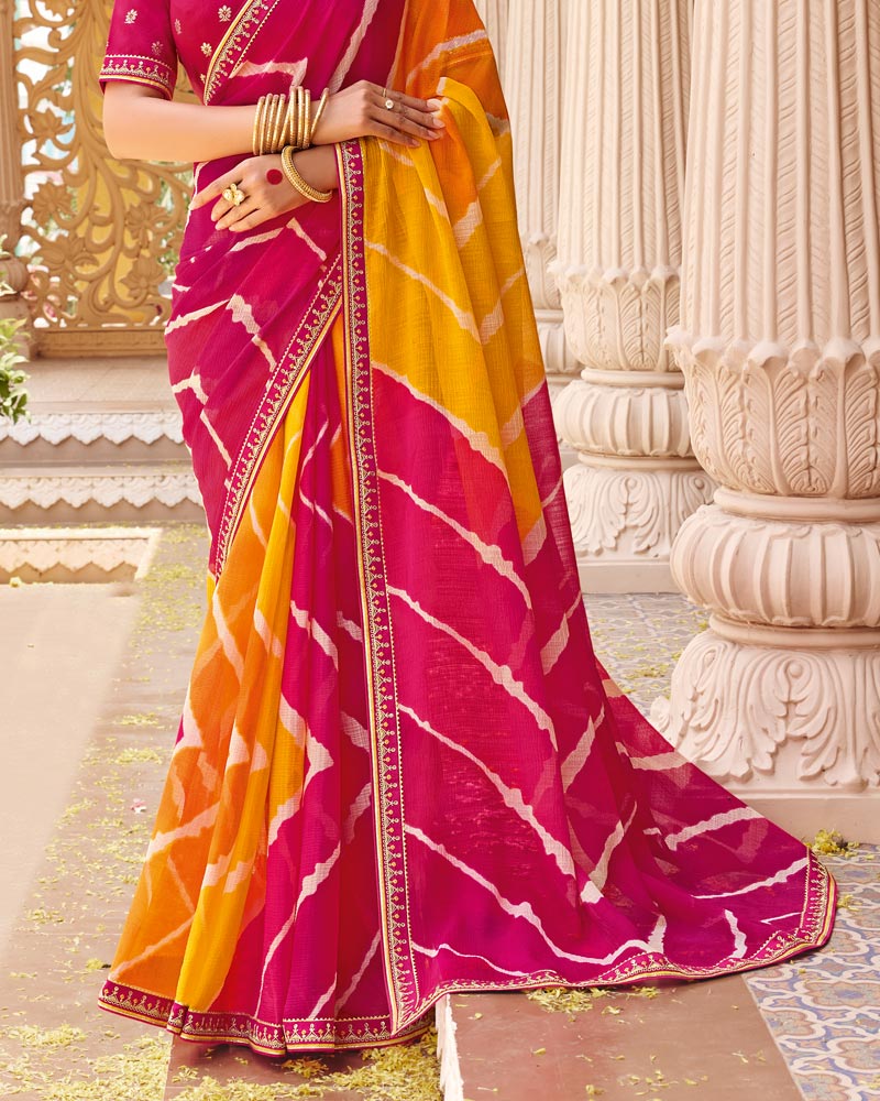 Vishal Prints Rani Yellow Fancy Chiffon Traditional Print Saree With Fancy Border