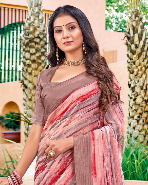 Vishal Prints Rose Pink Digital Print Chiffon Saree With Foil Print And Tassel