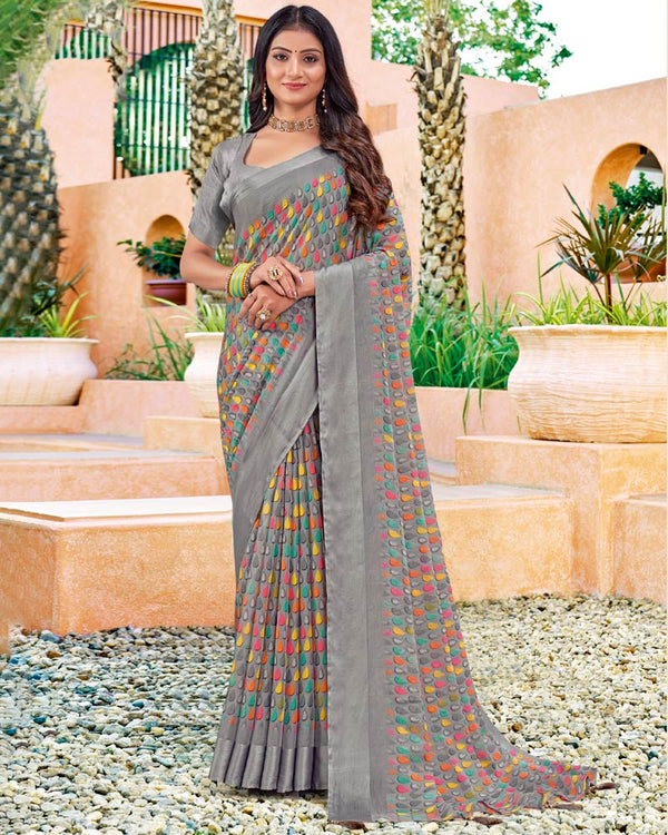 Vishal Prints Grey Digital Print Chiffon Saree With Foil Print And Tassel