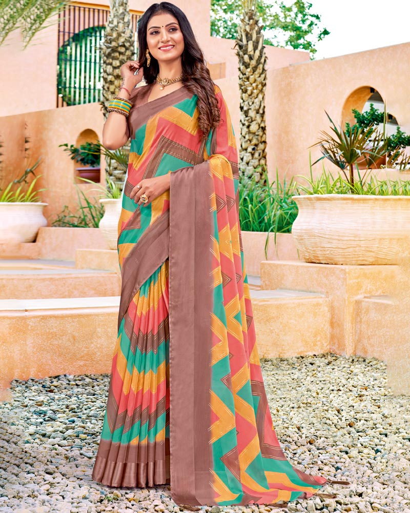 Vishal Prints Multi Digital Print Chiffon Saree With Foil Print And Tassel