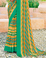 Vishal Prints Teal And Yellow Digital Print Chiffon Saree With Foil Print And Tassel