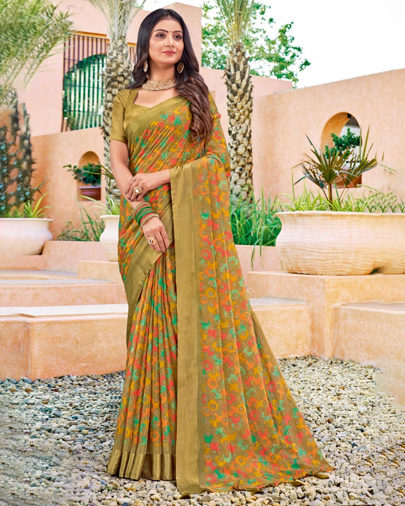 Vishal Prints Dark Sand Digital Print Chiffon Saree With Foil Print And Tassel