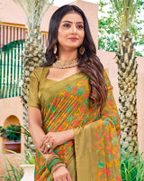 Vishal Prints Dark Sand Digital Print Chiffon Saree With Foil Print And Tassel
