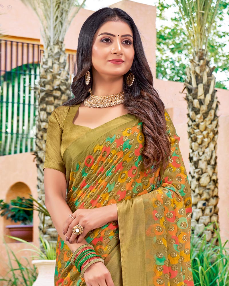 Vishal Prints Dark Sand Digital Print Chiffon Saree With Foil Print And Tassel