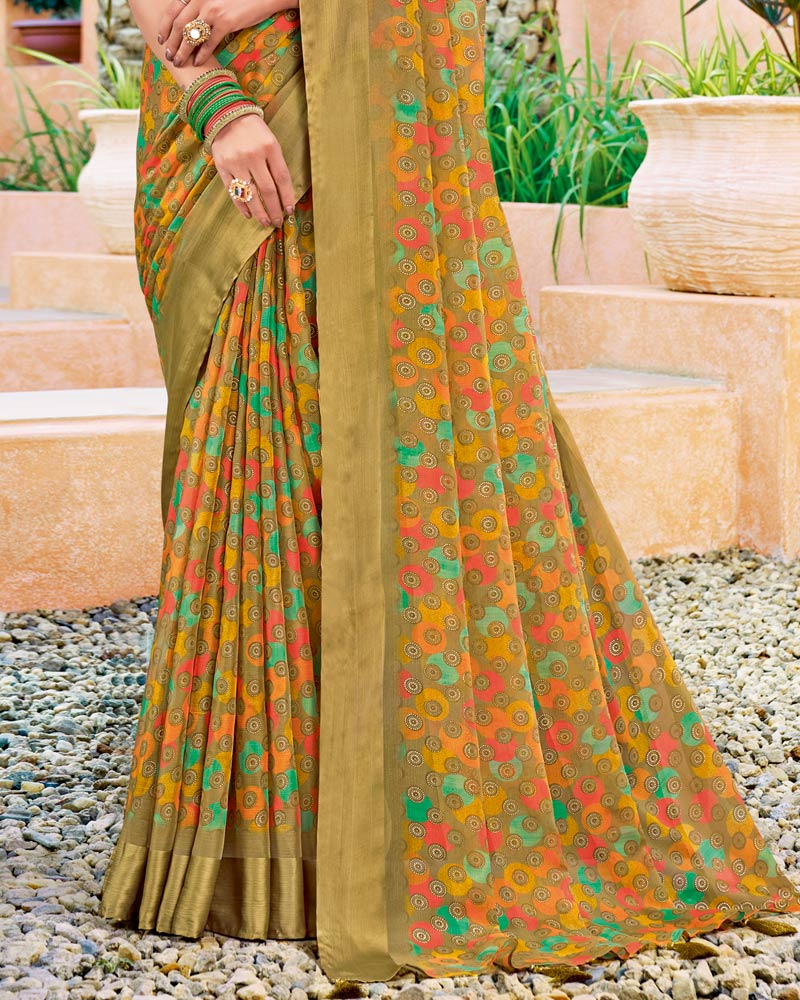 Vishal Prints Dark Sand Digital Print Chiffon Saree With Foil Print And Tassel