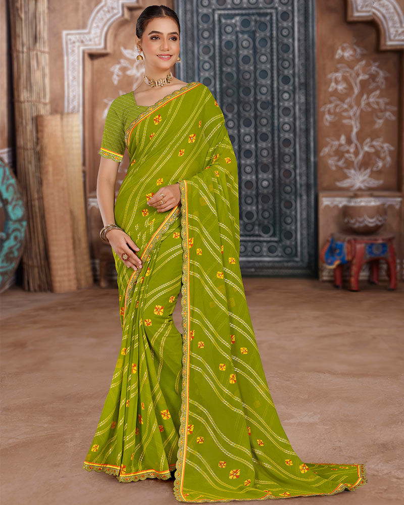 Vishal Prints Olive Green Printed Chiffon Bandhani Print Saree With Foil Print And Cut Work Embroidery Border