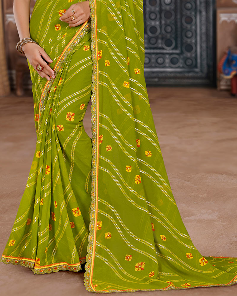 Vishal Prints Olive Green Printed Chiffon Bandhani Print Saree With Foil Print And Cut Work Embroidery Border