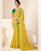 Vishal Prints Mikado Yellow Printed Chiffon-Brasso Saree With Fancy Border