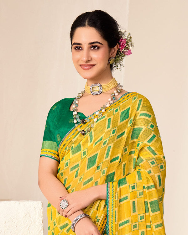 Vishal Prints Mikado Yellow Printed Chiffon-Brasso Saree With Fancy Border