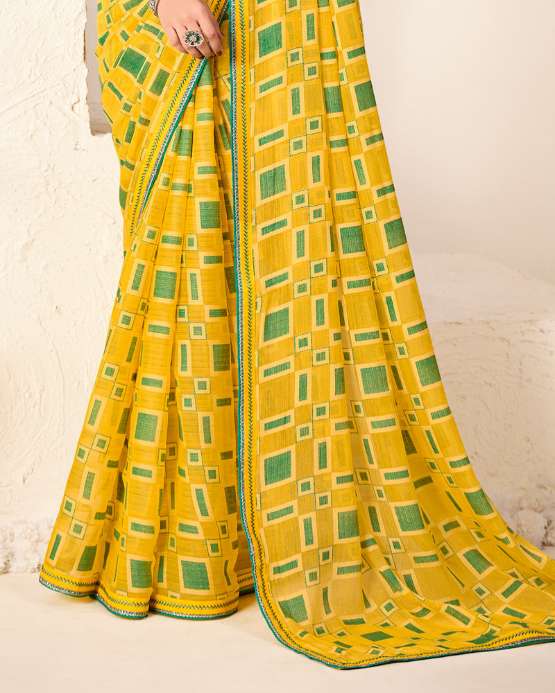 Vishal Prints Mikado Yellow Printed Chiffon-Brasso Saree With Fancy Border