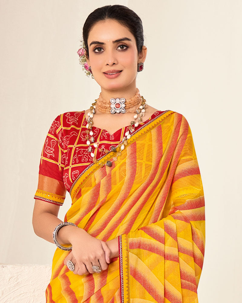 Vishal Prints Chrome Yellow Printed Chiffon-Brasso Saree With Fancy Border