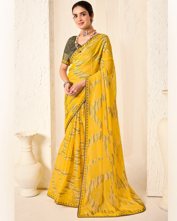 Vishal Prints Golden Yellow Printed Chiffon-Brasso Saree With Fancy Border