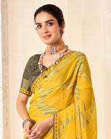 Vishal Prints Golden Yellow Printed Chiffon-Brasso Saree With Fancy Border