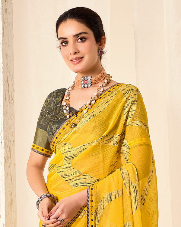 Vishal Prints Golden Yellow Printed Chiffon-Brasso Saree With Fancy Border