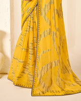 Vishal Prints Golden Yellow Printed Chiffon-Brasso Saree With Fancy Border