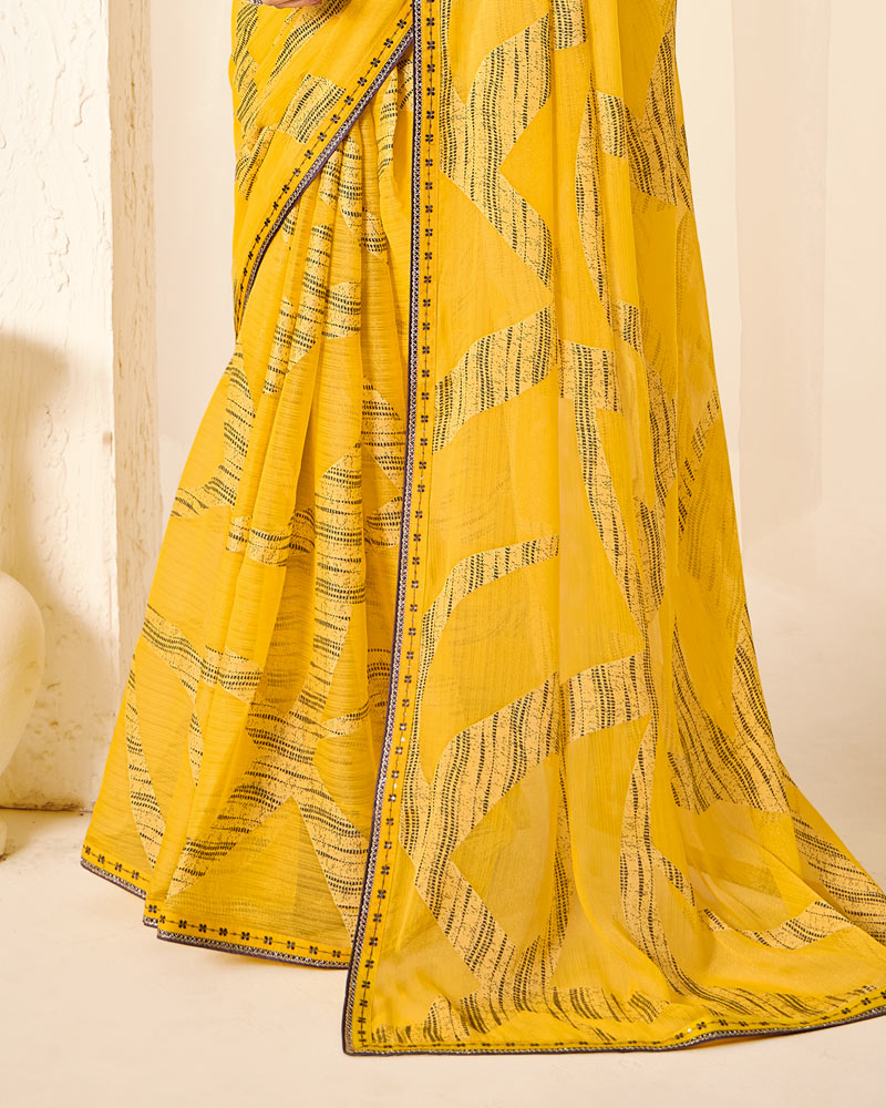 Vishal Prints Golden Yellow Printed Chiffon-Brasso Saree With Fancy Border