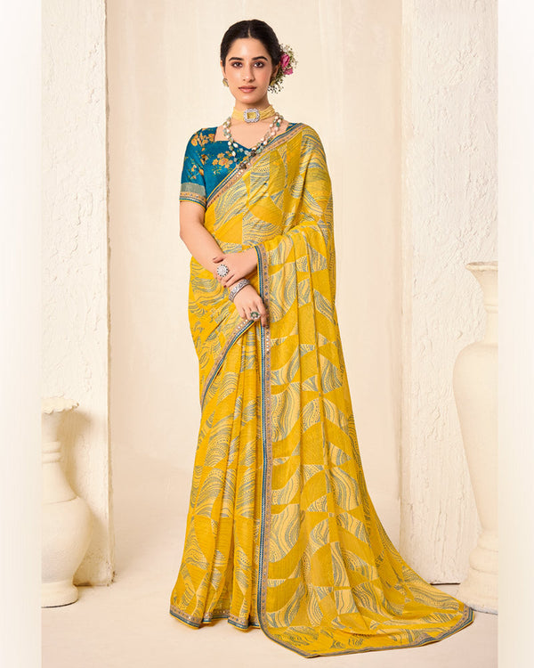 Vishal Prints Lightning Yellow Printed Chiffon-Brasso Saree With Fancy Border