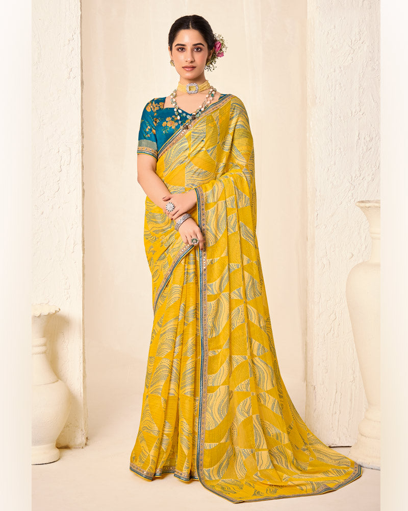Vishal Prints Lightning Yellow Printed Chiffon-Brasso Saree With Fancy Border