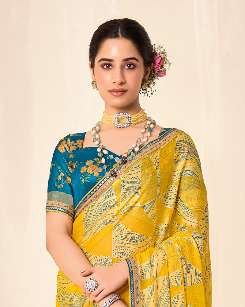 Vishal Prints Lightning Yellow Printed Chiffon-Brasso Saree With Fancy Border