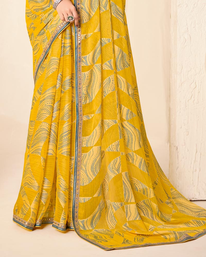 Vishal Prints Lightning Yellow Printed Chiffon-Brasso Saree With Fancy Border