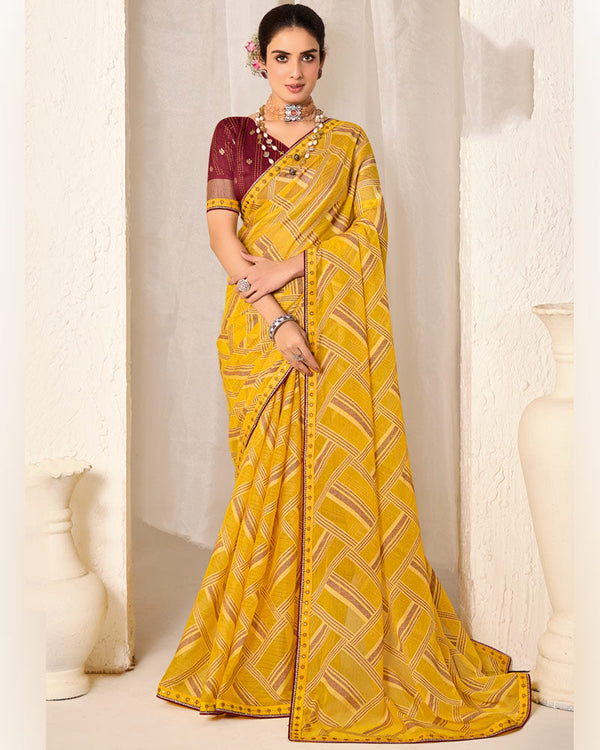 Vishal Prints Tulip Yellow Printed Chiffon-Brasso Saree With Fancy Border