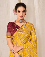 Vishal Prints Tulip Yellow Printed Chiffon-Brasso Saree With Fancy Border