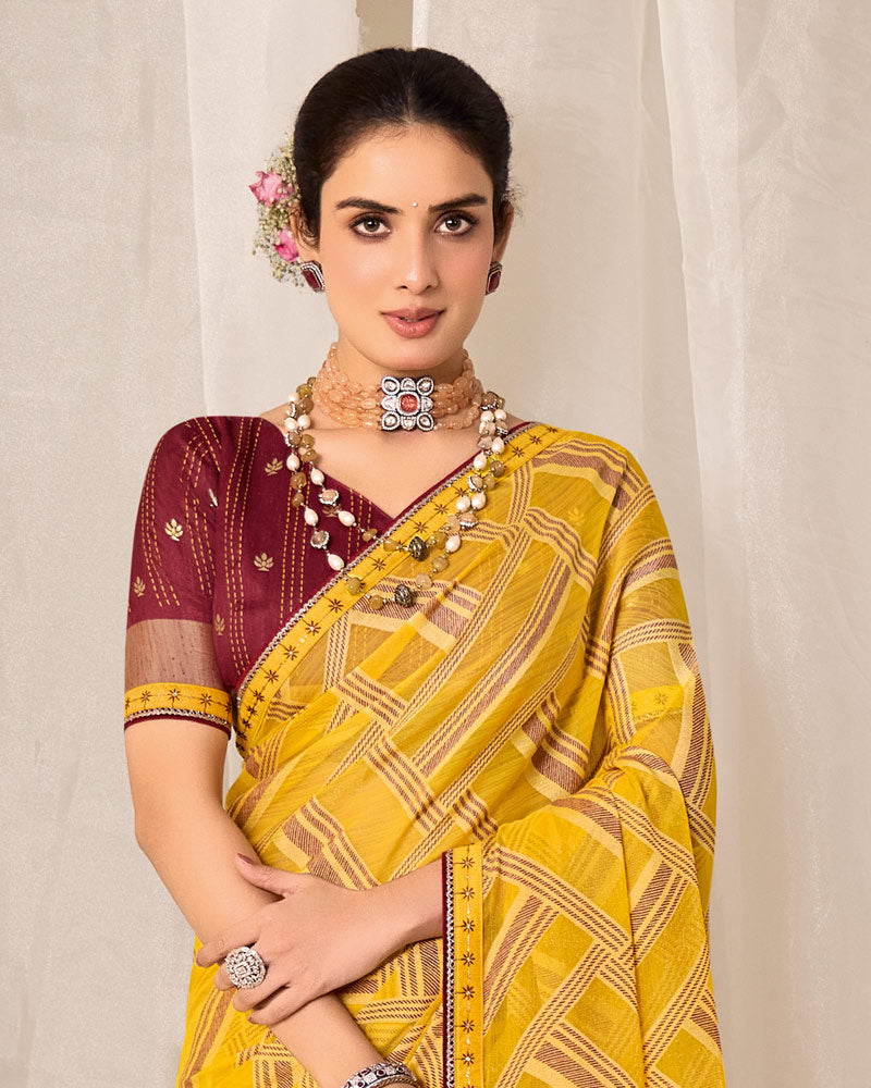 Vishal Prints Tulip Yellow Printed Chiffon-Brasso Saree With Fancy Border