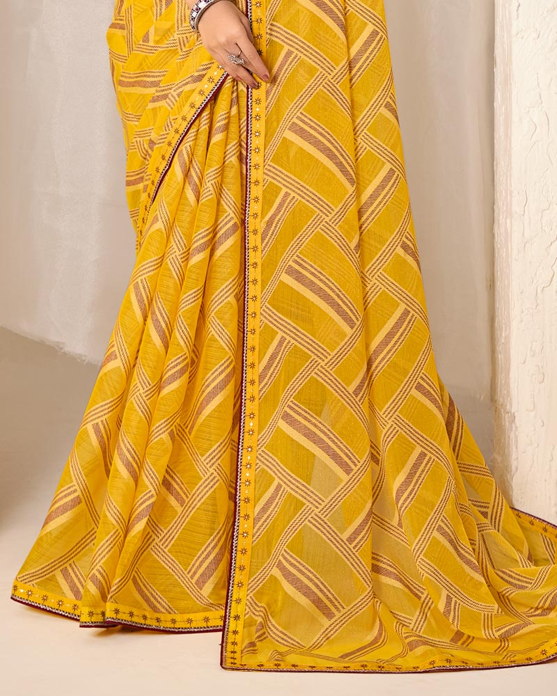 Vishal Prints Tulip Yellow Printed Chiffon-Brasso Saree With Fancy Border