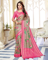 Vishal Prints Beige And Pink Satin Saree With Foil Print And Tassel