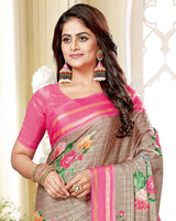Vishal Prints Beige And Pink Satin Saree With Foil Print And Tassel