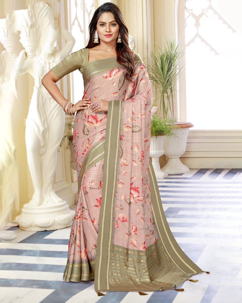 Vishal Prints Pink Satin Saree With Foil Print And Tassel