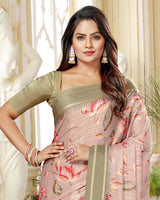Vishal Prints Pink Satin Saree With Foil Print And Tassel