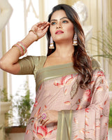 Vishal Prints Pink Satin Saree With Foil Print And Tassel