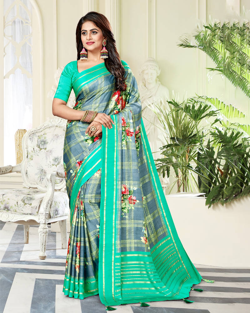 Vishal Prints Pastel Blue Satin Saree With Foil Print And Tassel